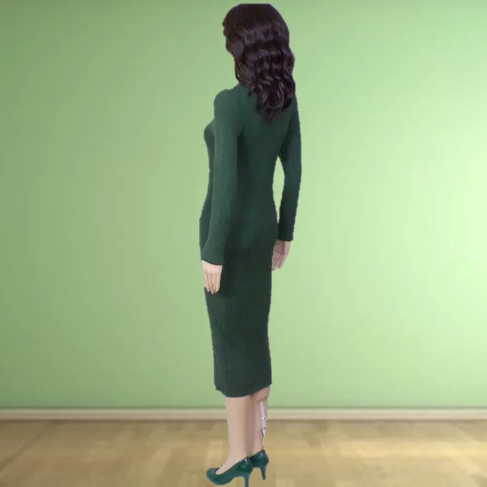 ROCOROSE size M forest-green knit bodycon long-sleeve turtleneck midi dress - Picture 6 of 13